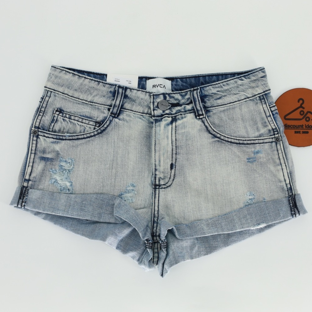 RVCA Kicka Distressed Acid‎ Wash Denim Shorts Light Blue WC201KIC Size 24 NWT